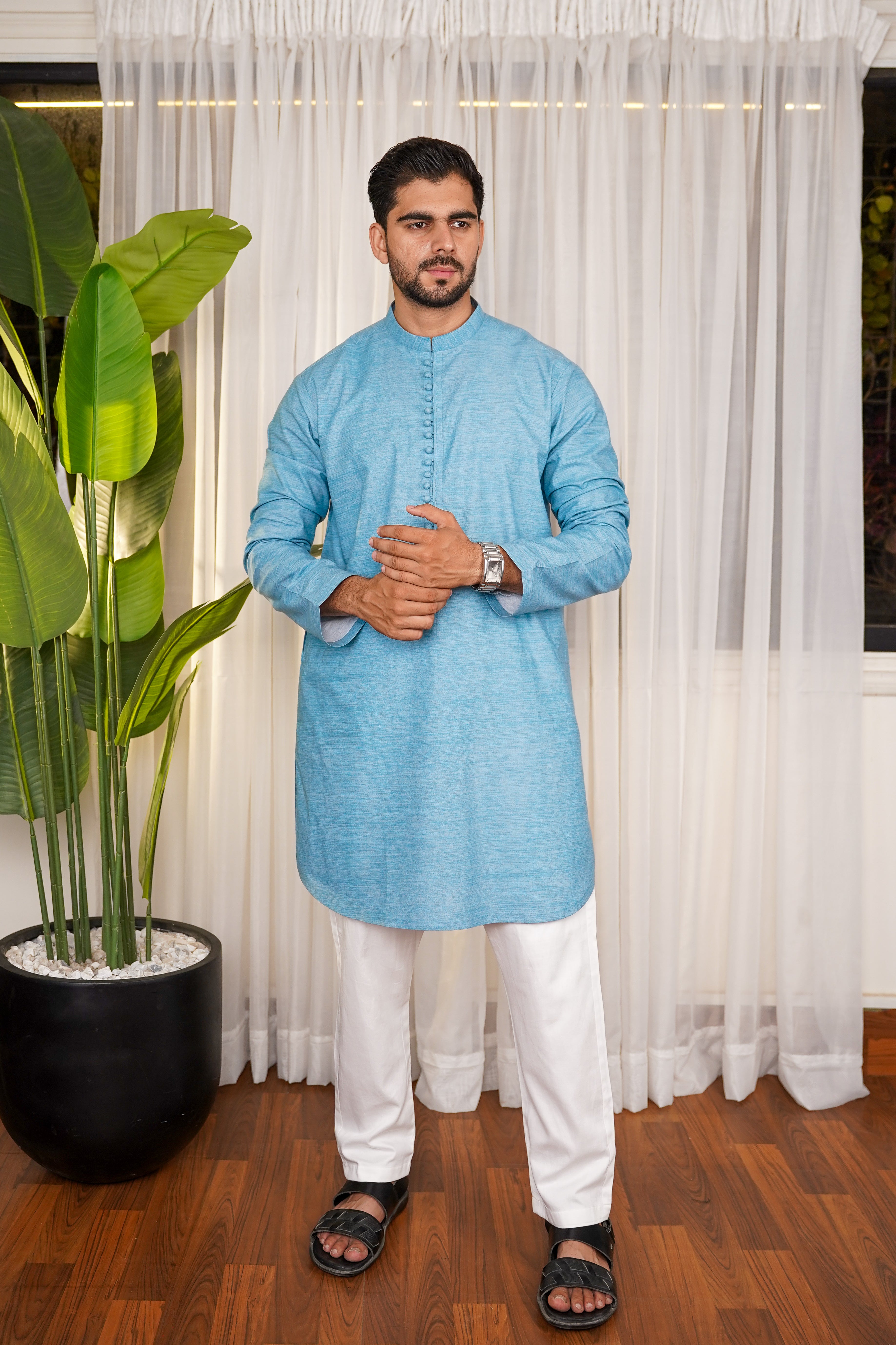 Nadir Skyline Blue – Pure Cotton Kameez & Trouser Set