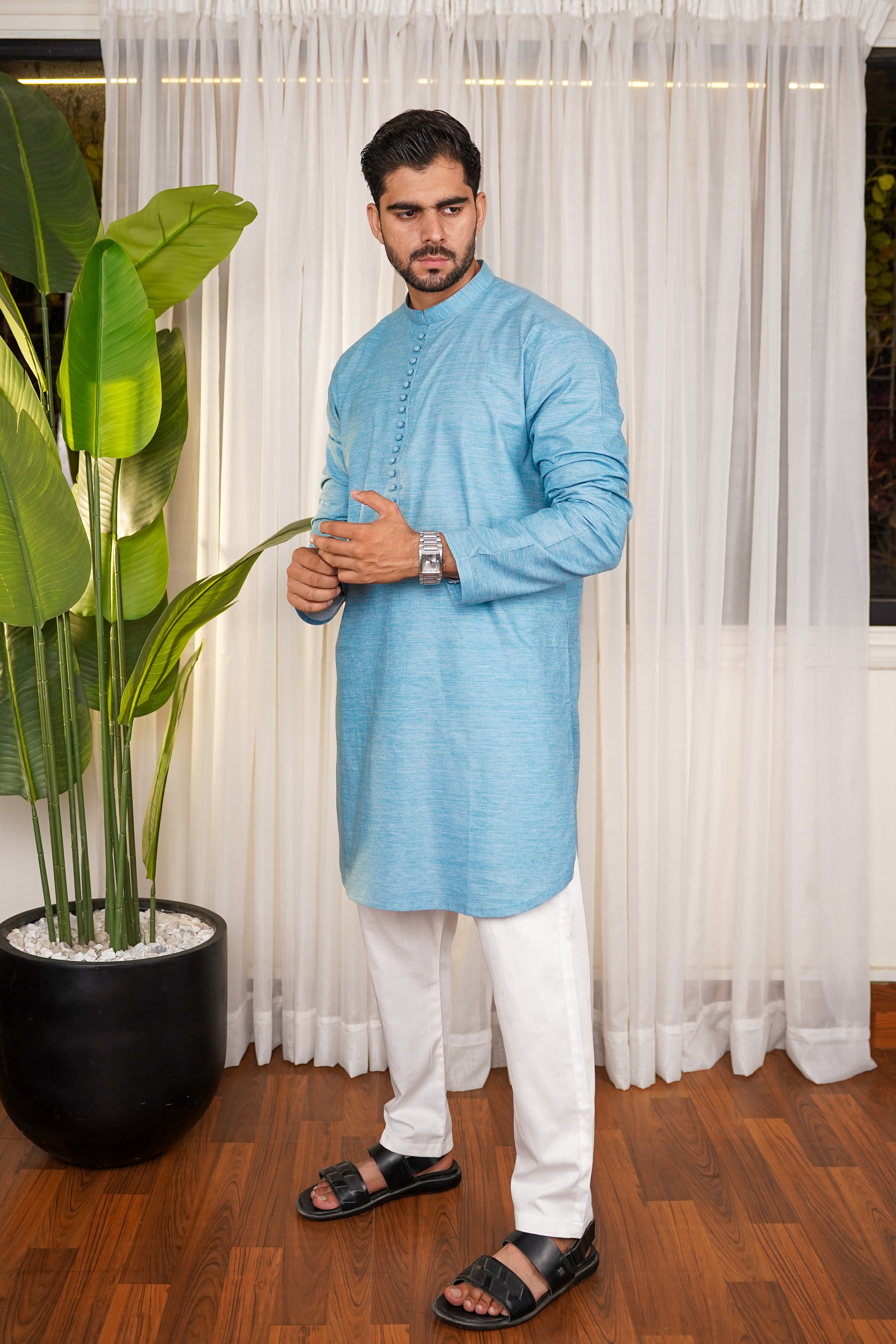 Nadir Skyline Blue – Pure Cotton Kameez & Trouser Set