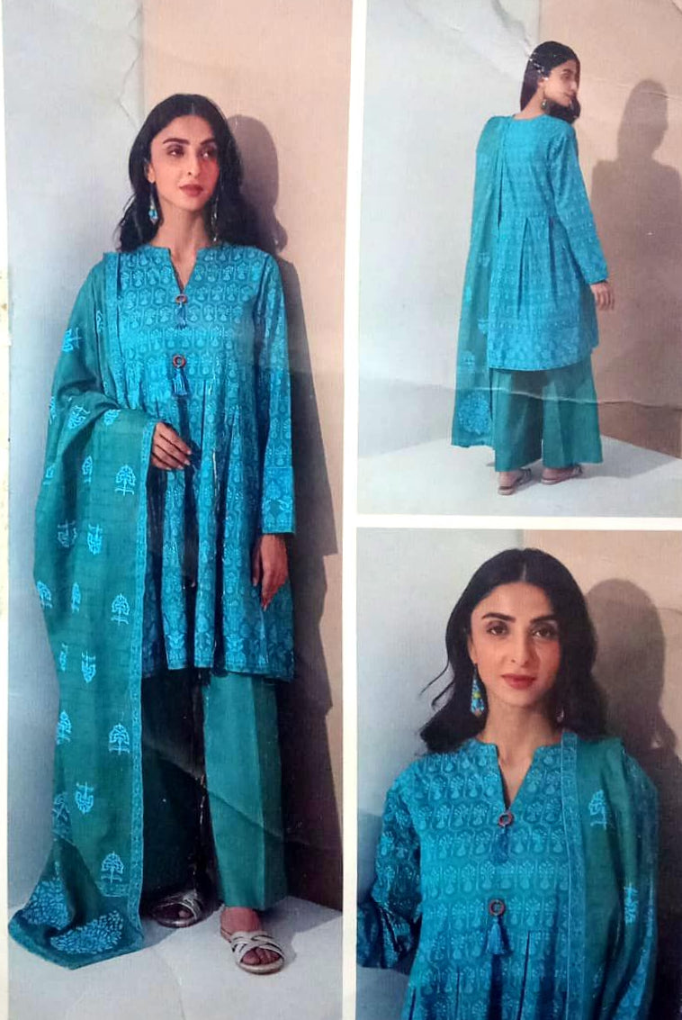 Zellburry | Teal Green with Turquoise Blue Print - 3PC Lawn Unstitched Suit