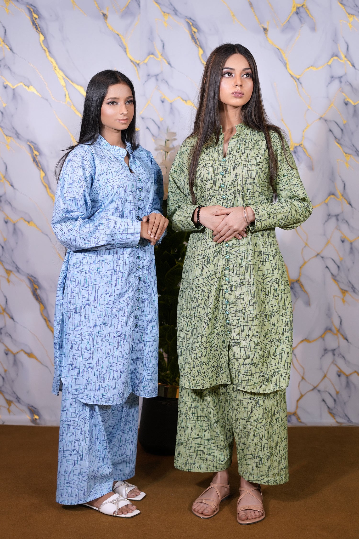 Sage Green Abstract Printed 2-Piece Cotton Suit – Winter Collection 2025