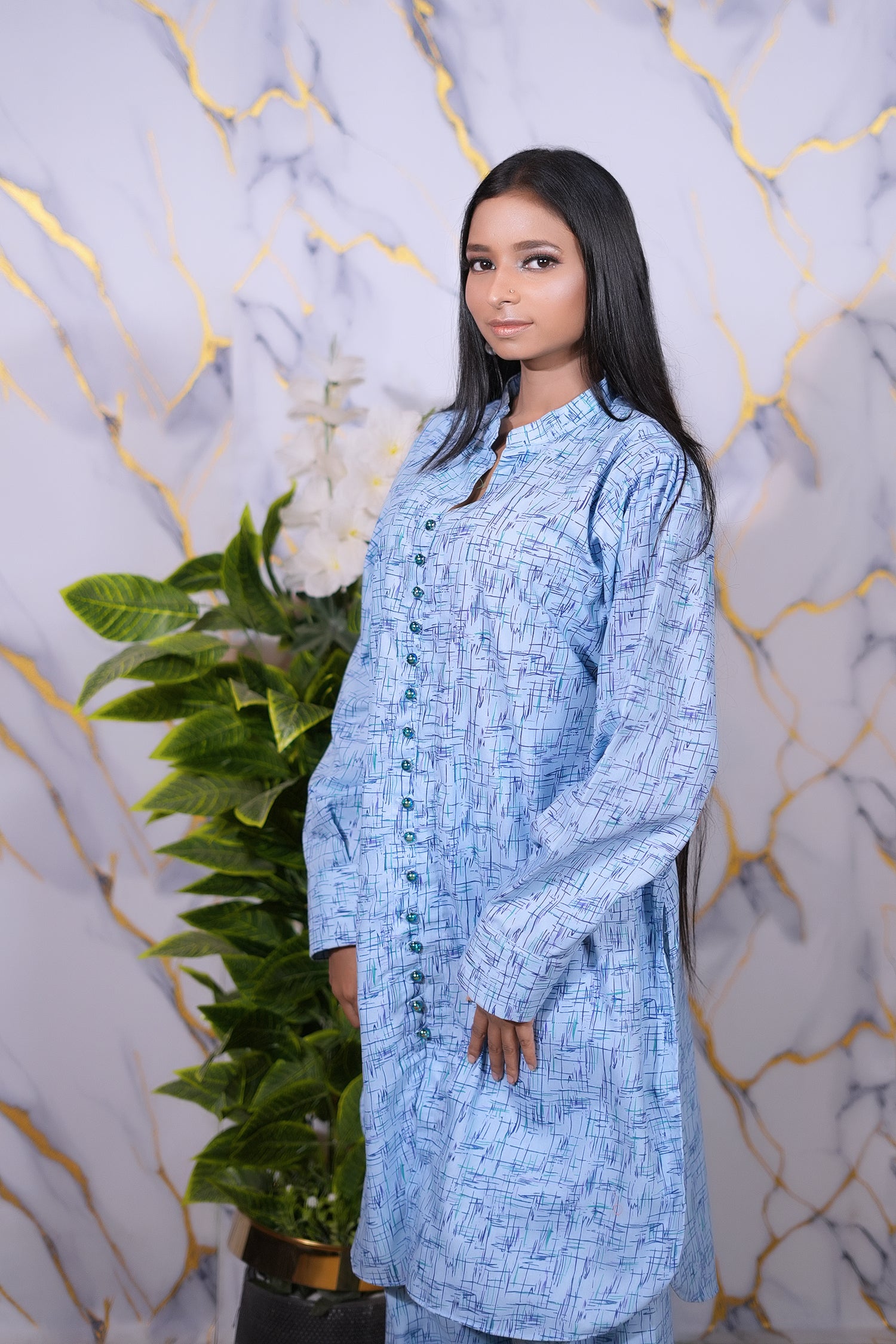 Sky Blue Abstract Print 2-Piece Cotton Suit – Winter Collection 2025