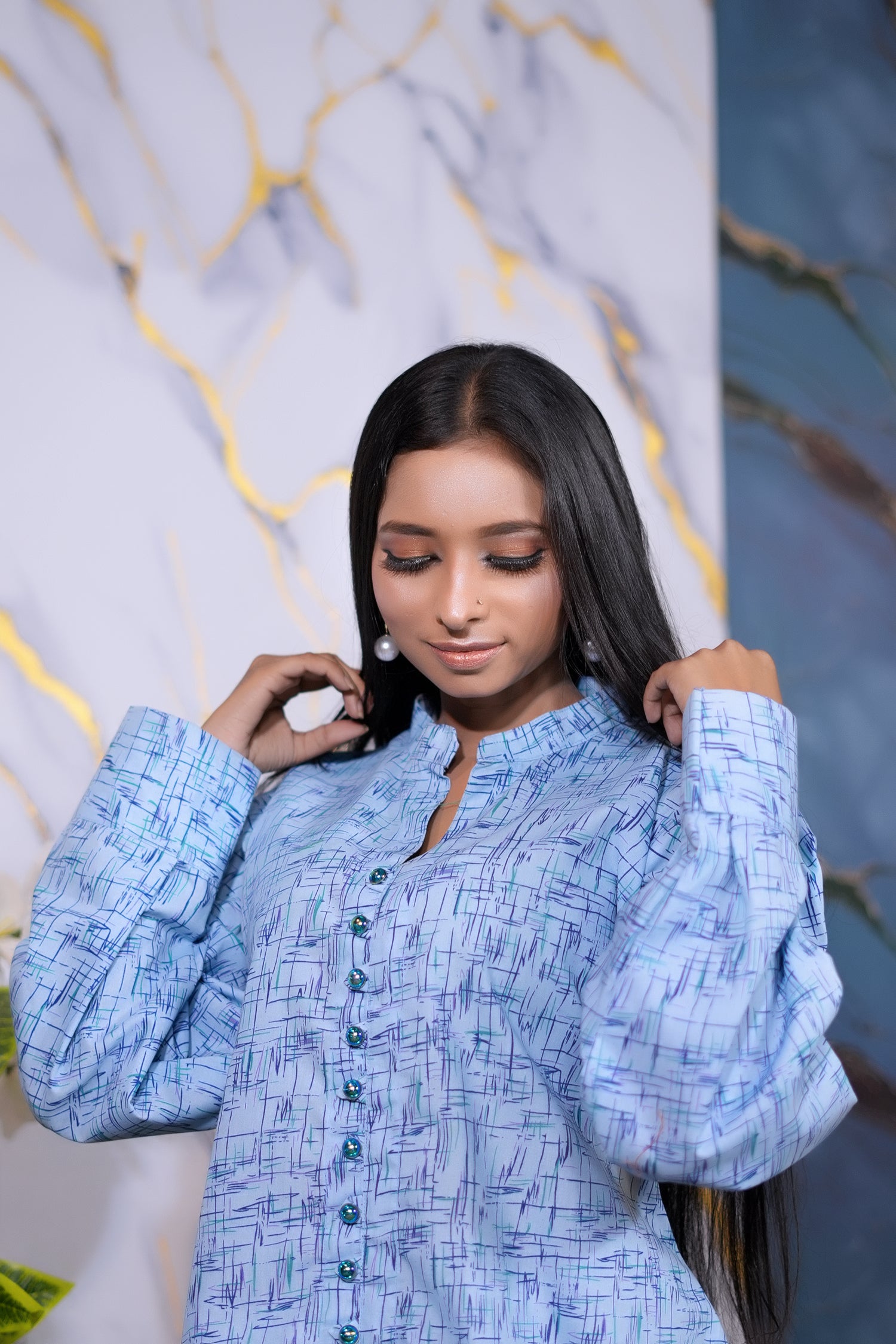 Sky Blue Abstract Print 2-Piece Cotton Suit – Winter Collection 2025