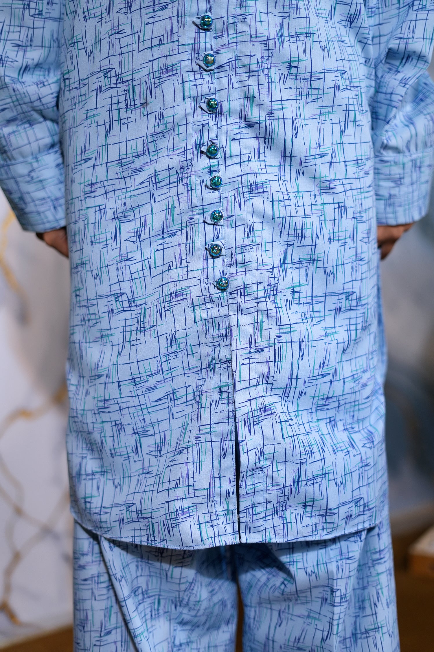 Sky Blue Abstract Print 2-Piece Cotton Suit – Winter Collection 2025