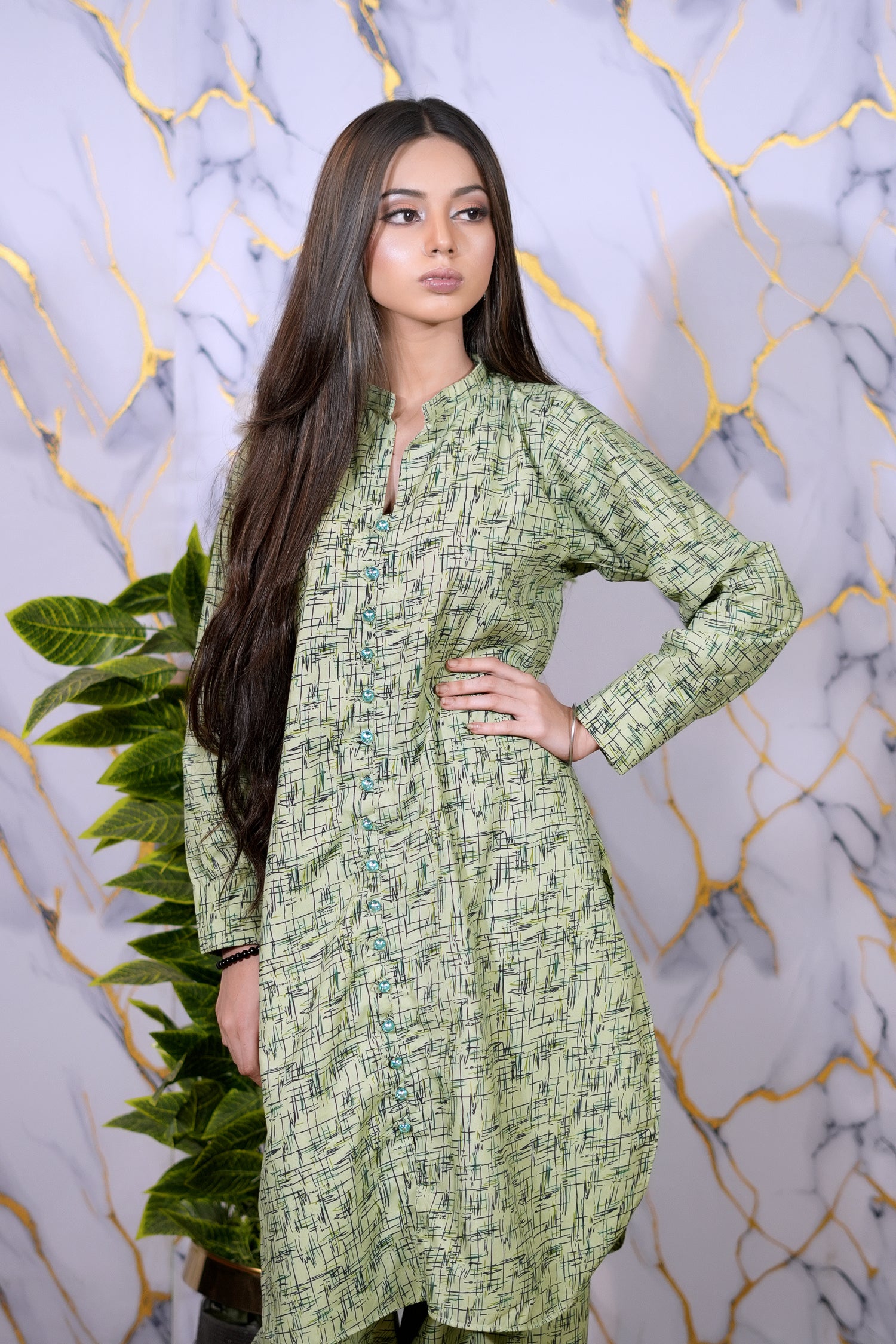 Sage Green Abstract Printed 2-Piece Cotton Suit – Winter Collection 2025