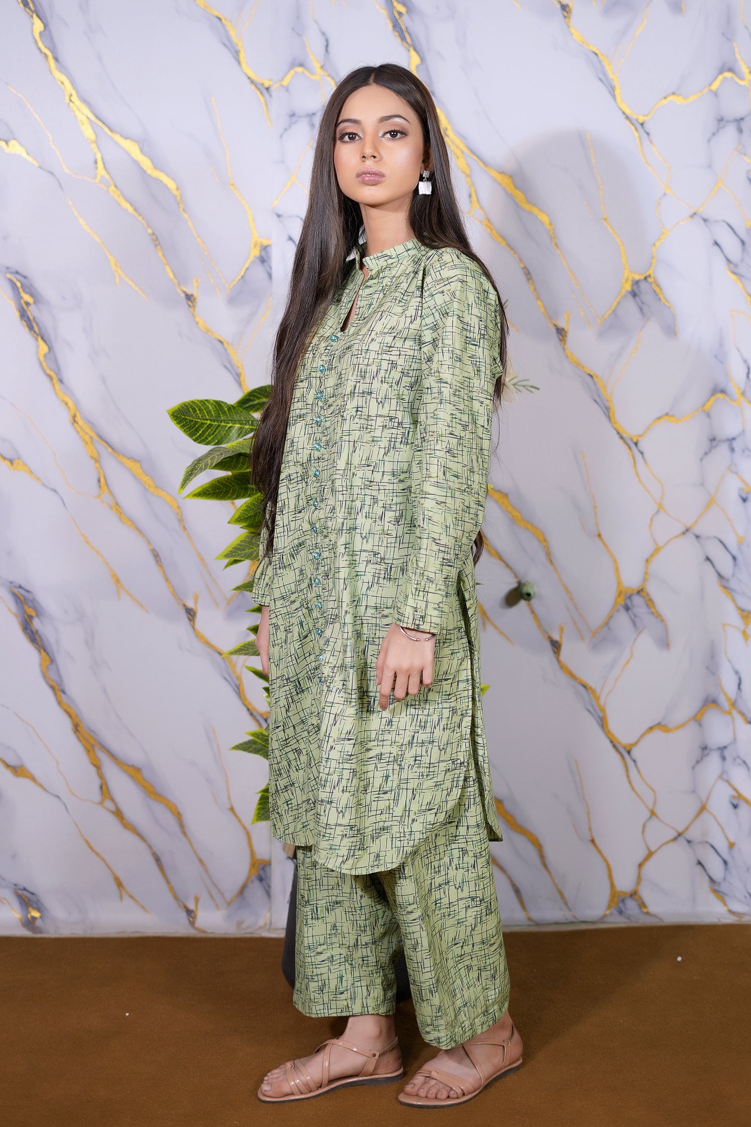 Sage Green Abstract Printed 2-Piece Cotton Suit – Winter Collection 2025