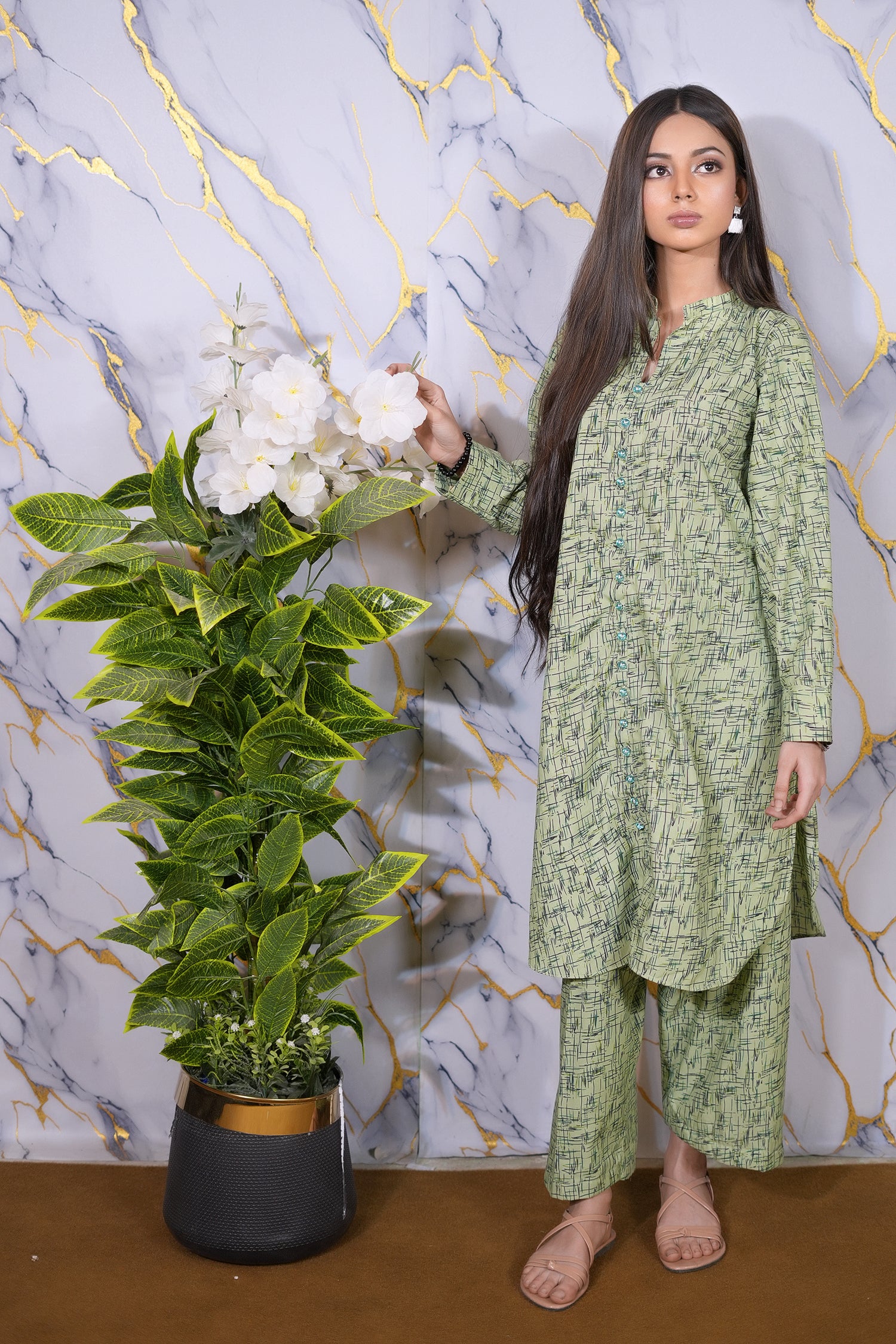 Sage Green Abstract Printed 2-Piece Cotton Suit – Winter Collection 2025