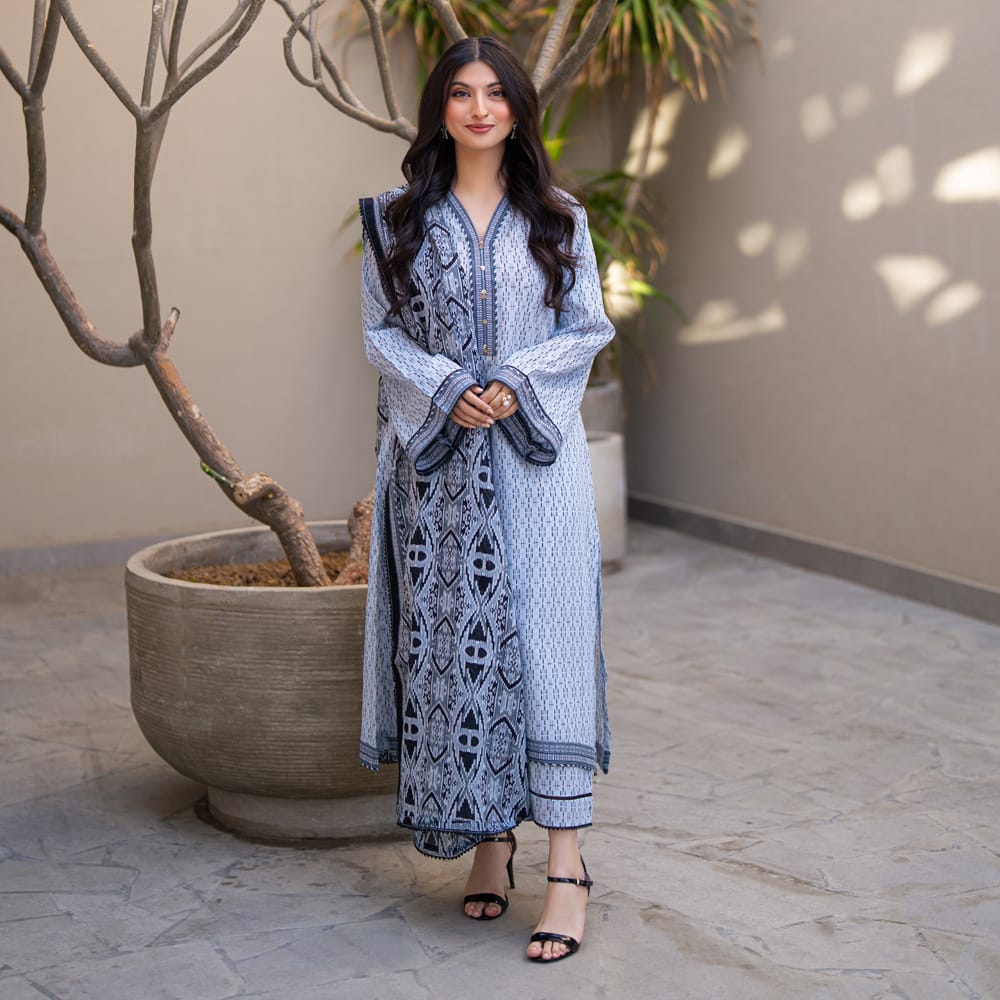 Cool Blue with Black Ethnic Motifs – 3 Piece Unstitched Lawn Suit