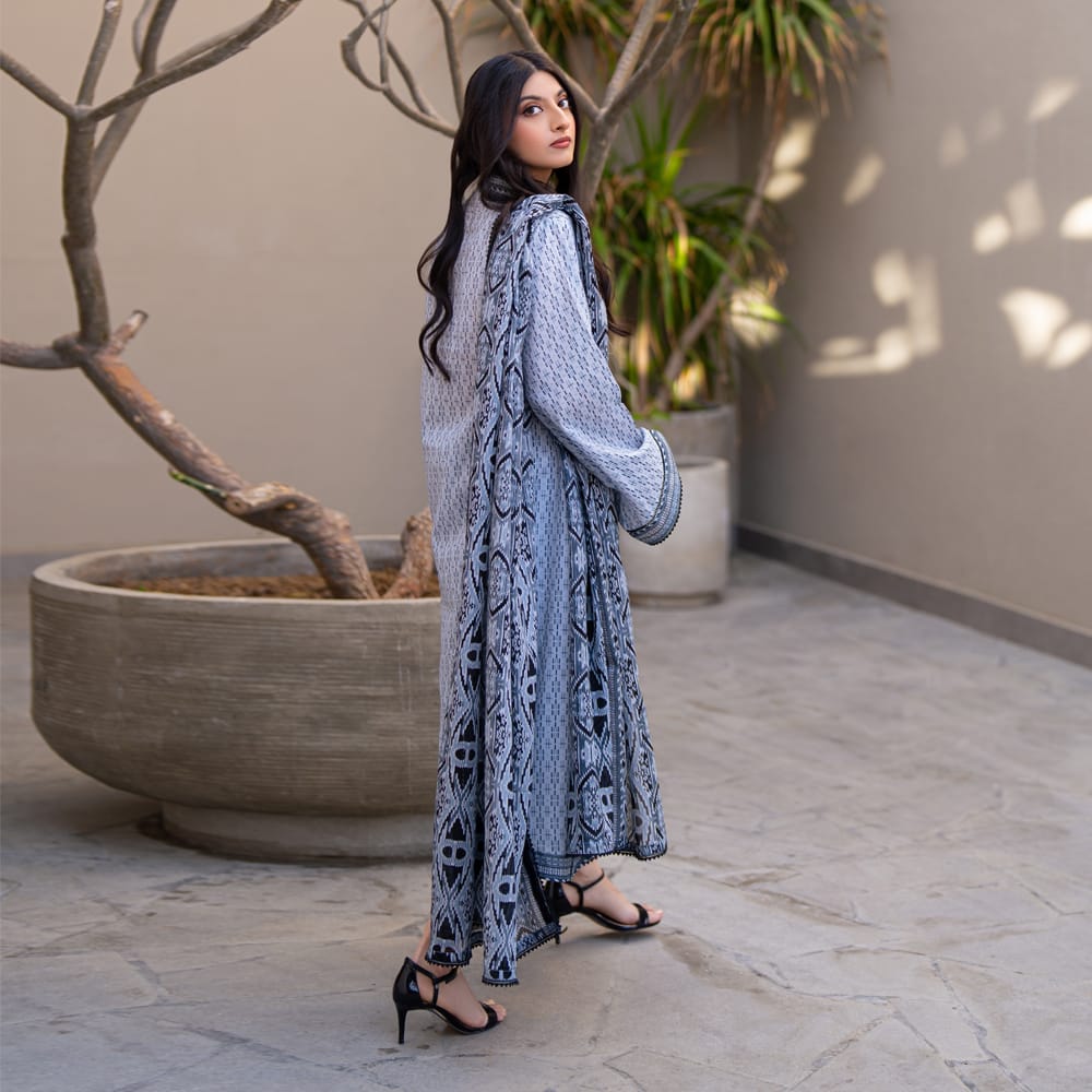 Cool Blue with Black Ethnic Motifs – 3 Piece Unstitched Lawn Suit