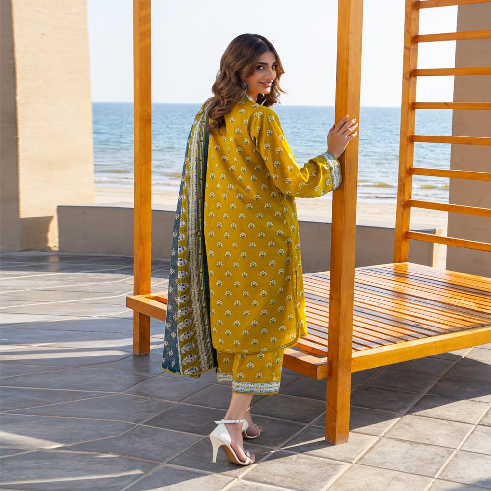 Golden Mustard with Teal Dupatta – 3 Piece Unstitched Lawn Suit