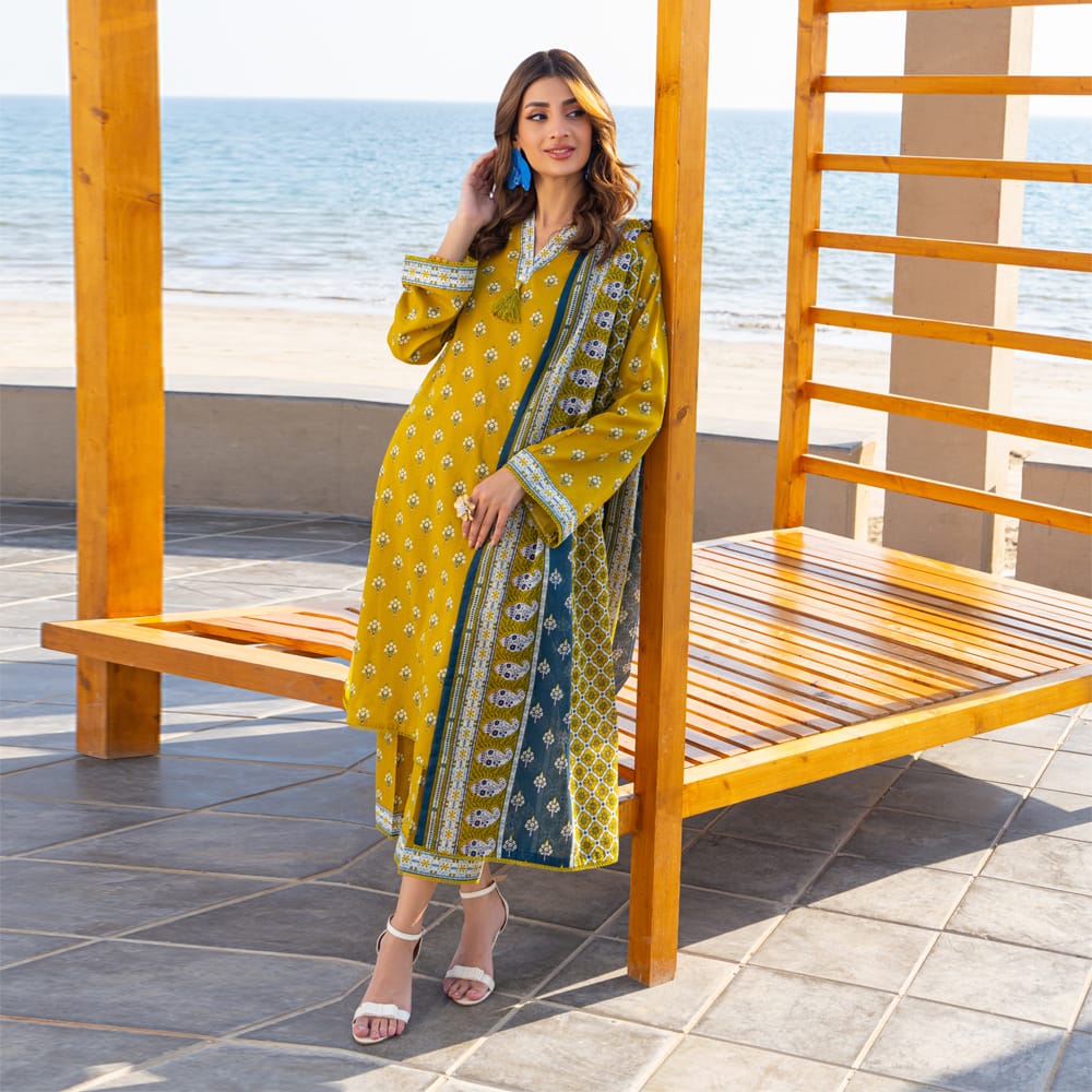 Golden Mustard with Teal Dupatta – 3 Piece Unstitched Lawn Suit