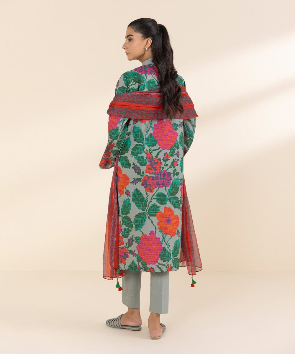Sage Green Floral Outfit with Rust Red Accents – 3 Piece Unstitched Lawn Suit
