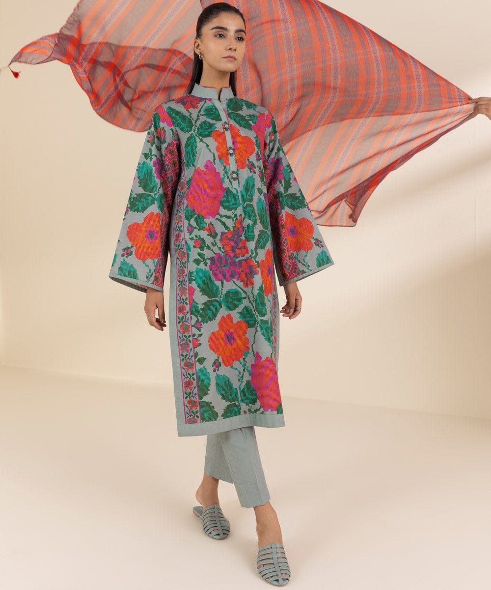 Sage Green Floral Outfit with Rust Red Accents – 3 Piece Unstitched Lawn Suit
