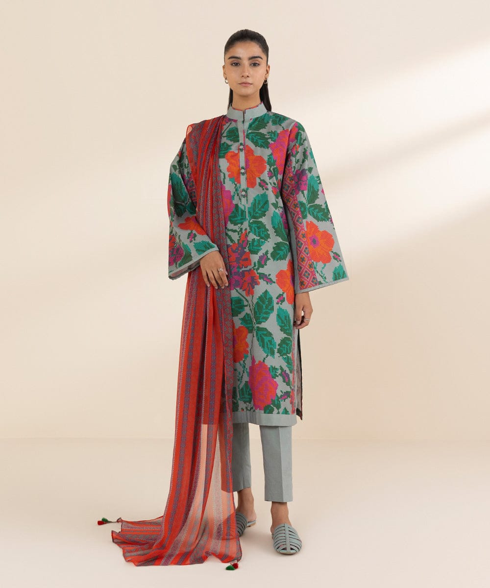 Sage Green Floral Outfit with Rust Red Accents – 3 Piece Unstitched Lawn Suit