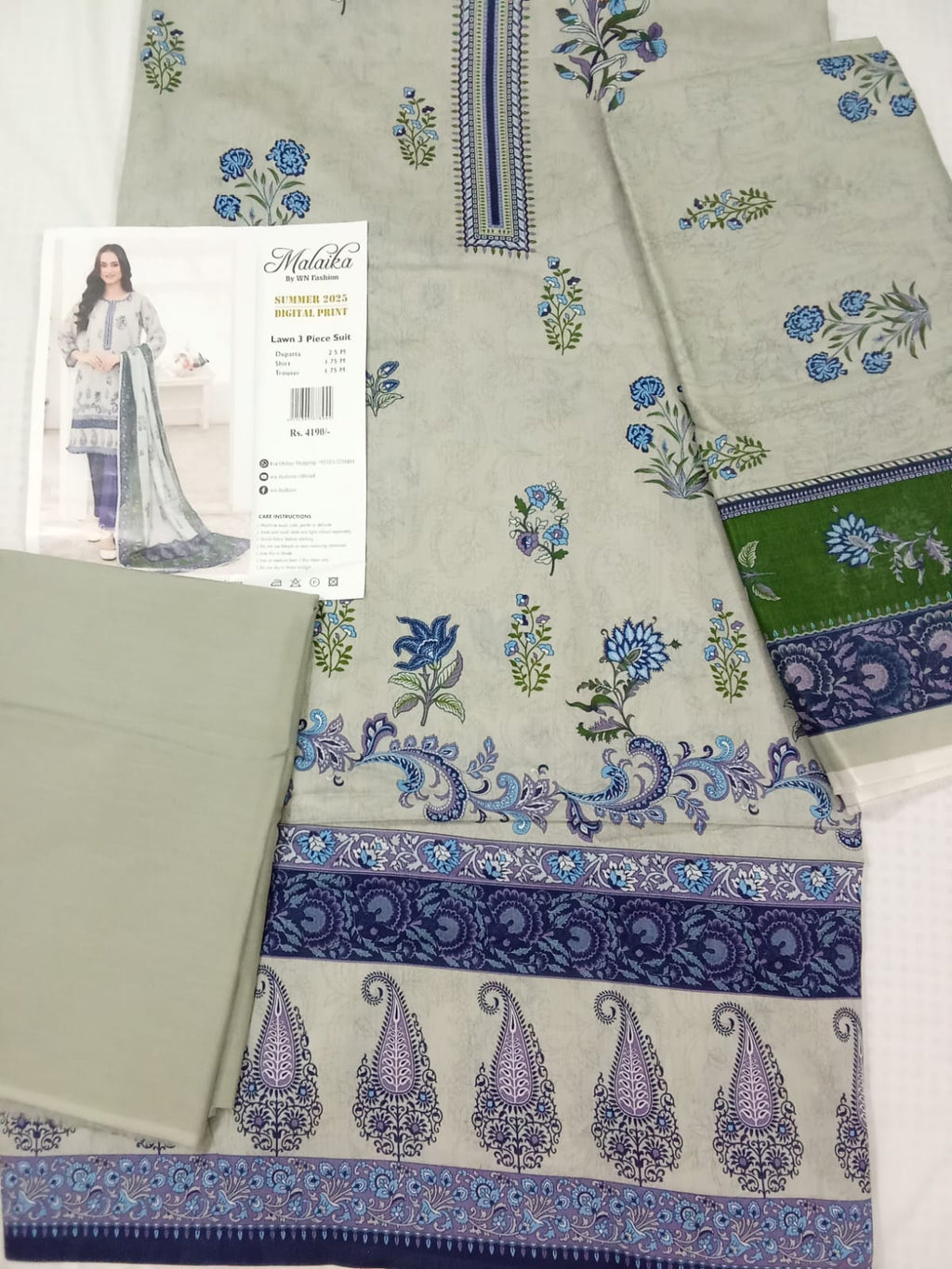 Grey Lawn 3-Piece Unstitched Suit with Blue & Green Digital Print