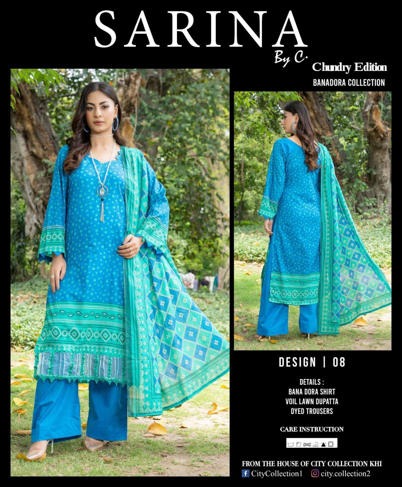 Ocean Blue Banadora Lawn 3-Piece Unstitched Suit with Voil Dupatta