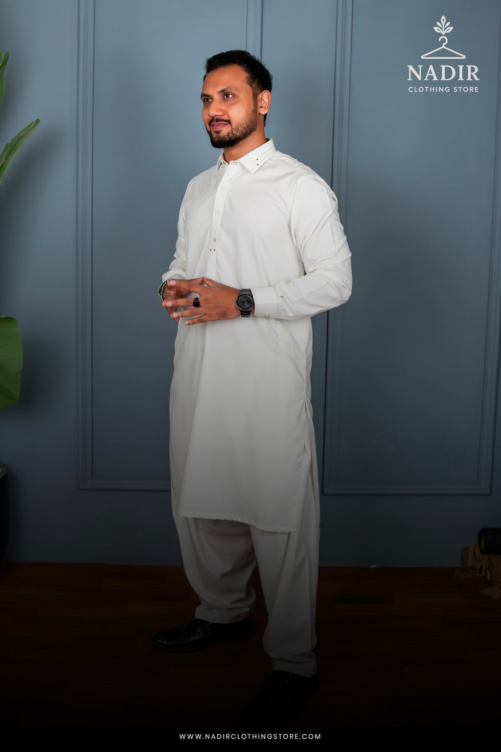 Off-White Elegance – Men’s Wash & Wear Kameez Shalwar | Elegant Attire by NADIR