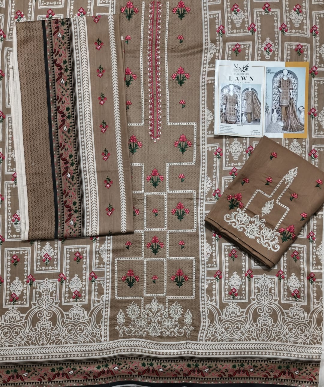 Camel Beige Exquisite Embroidered - 3PC Lawn Unstitched Suit