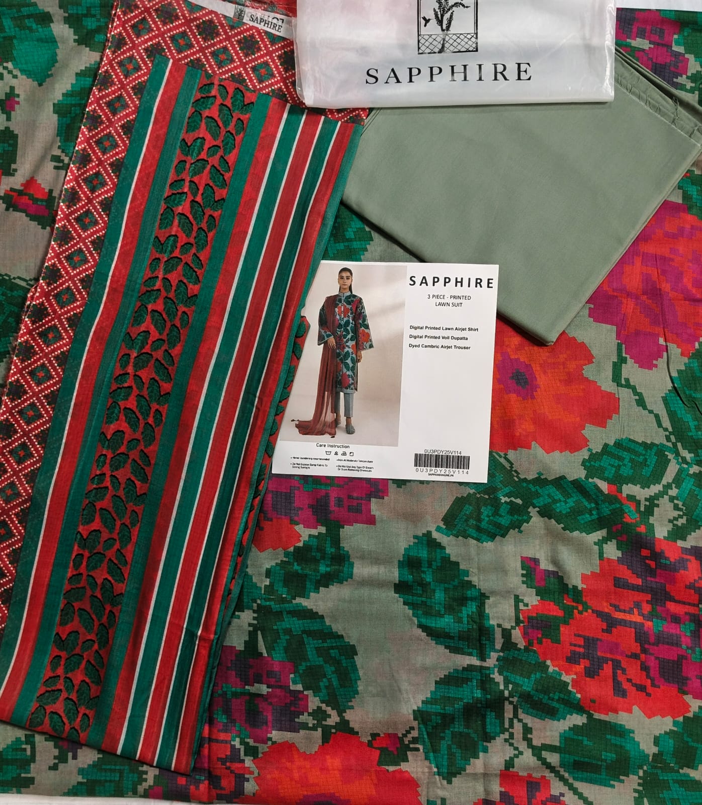 Sage Green Floral Outfit with Rust Red Accents – 3 Piece Unstitched Lawn Suit