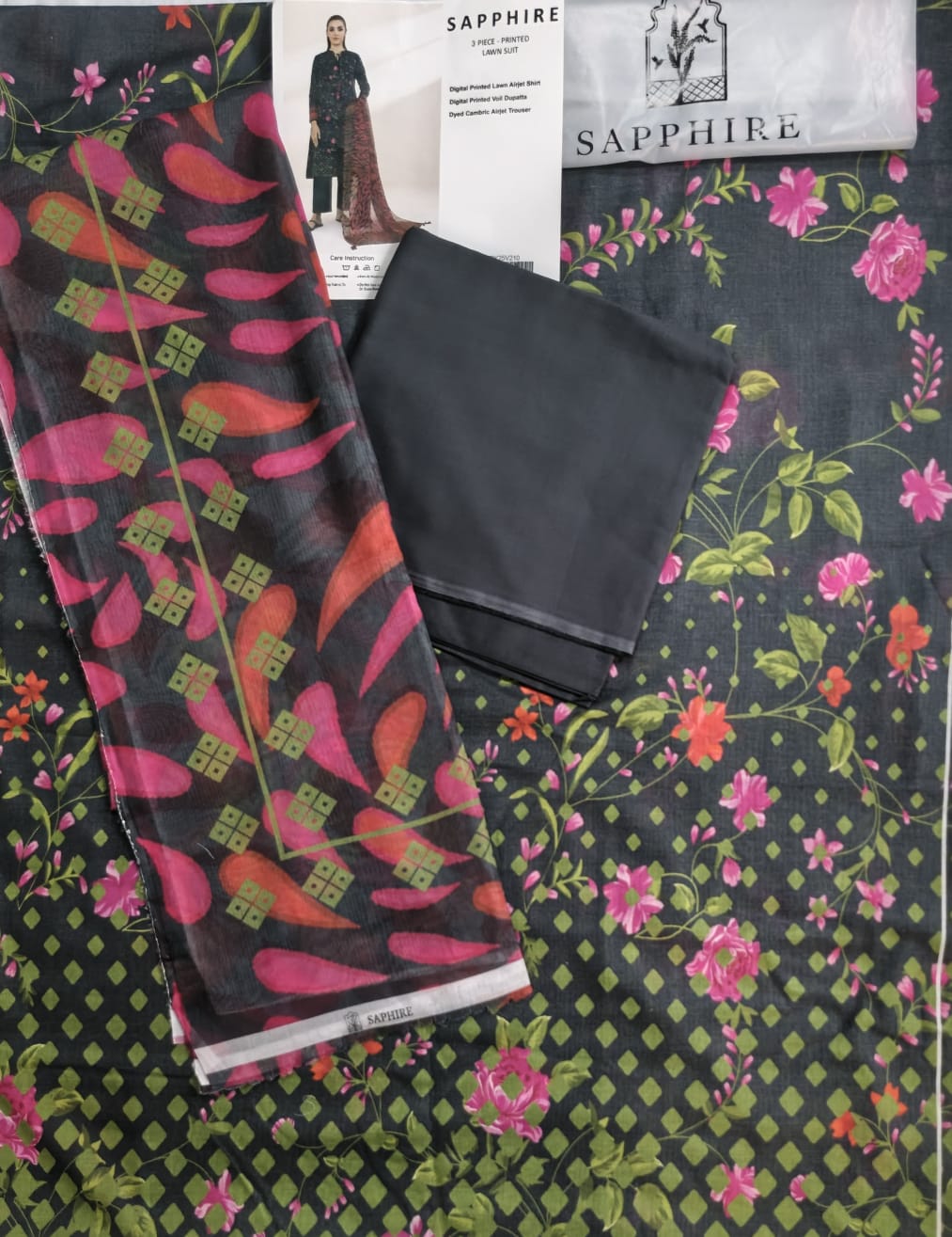 Charcoal Base with Pink Floral & Lime Accents – 3 Piece Unstitched Lawn Suit
