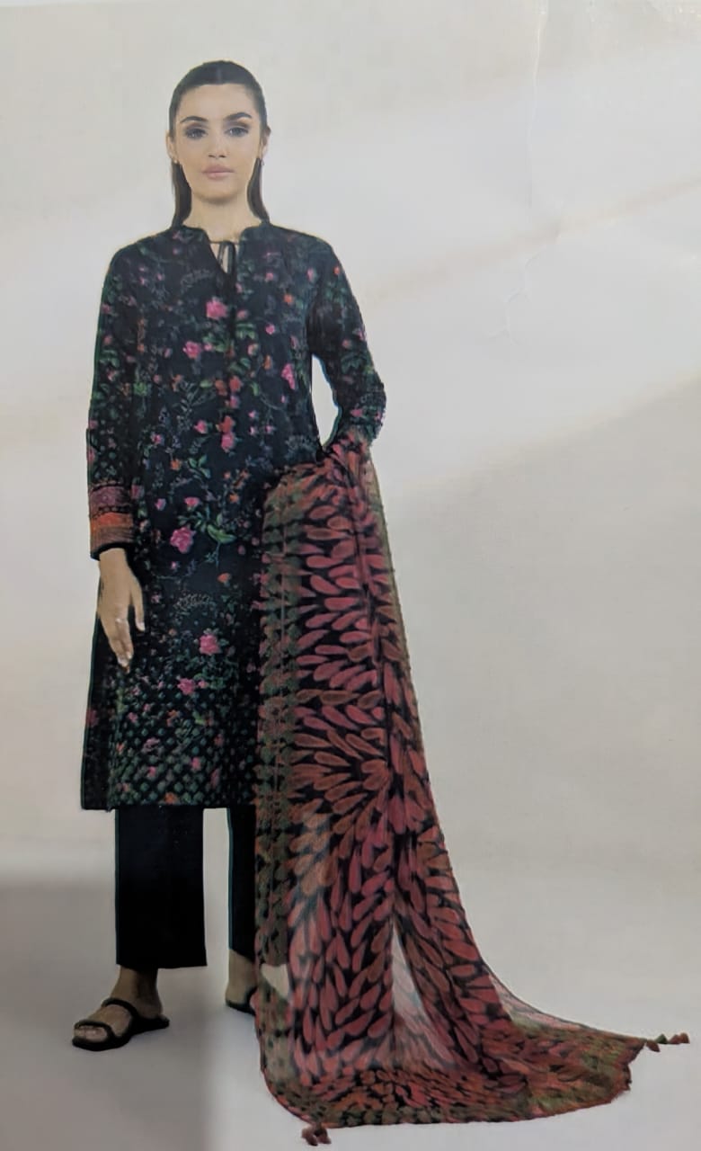 Charcoal Base with Pink Floral & Lime Accents – 3 Piece Unstitched Lawn Suit