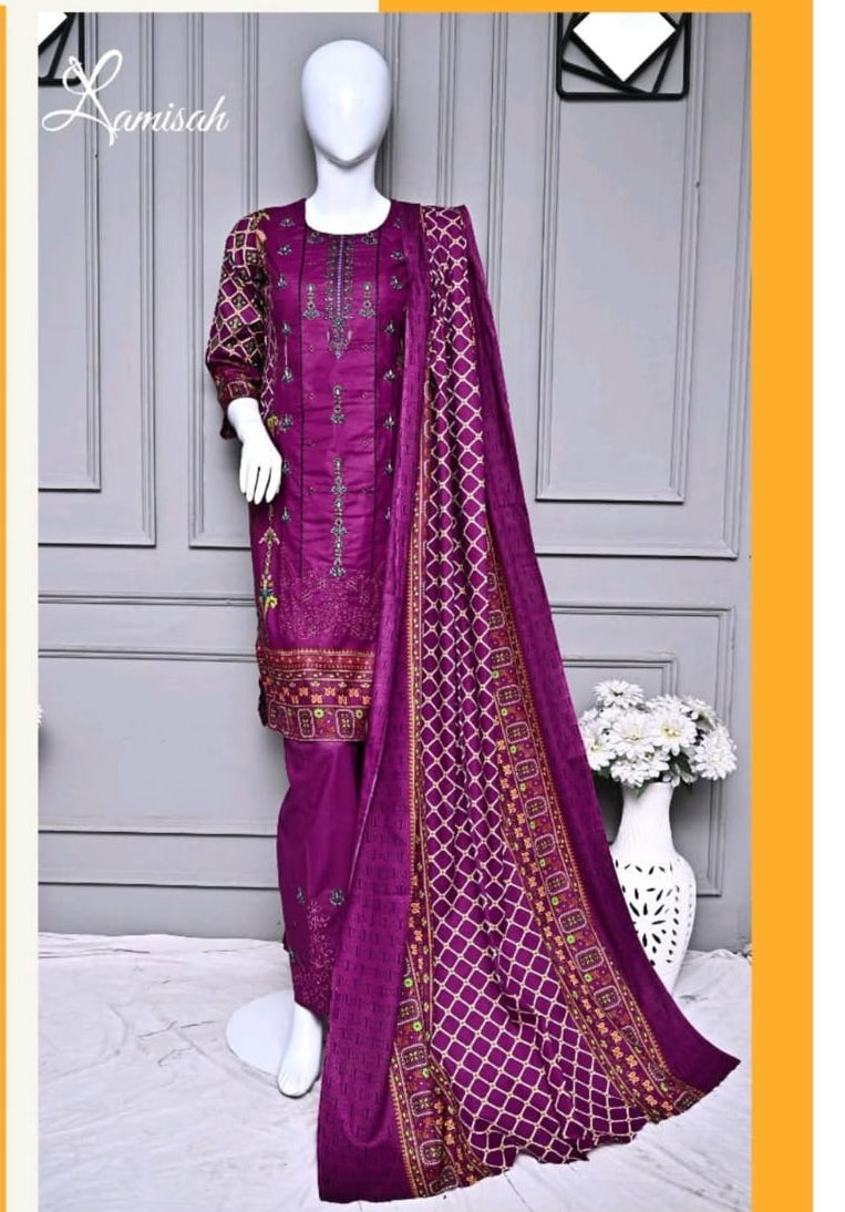 Purple Elegant Embroidered - 3PC Lawn Unstitched Suit