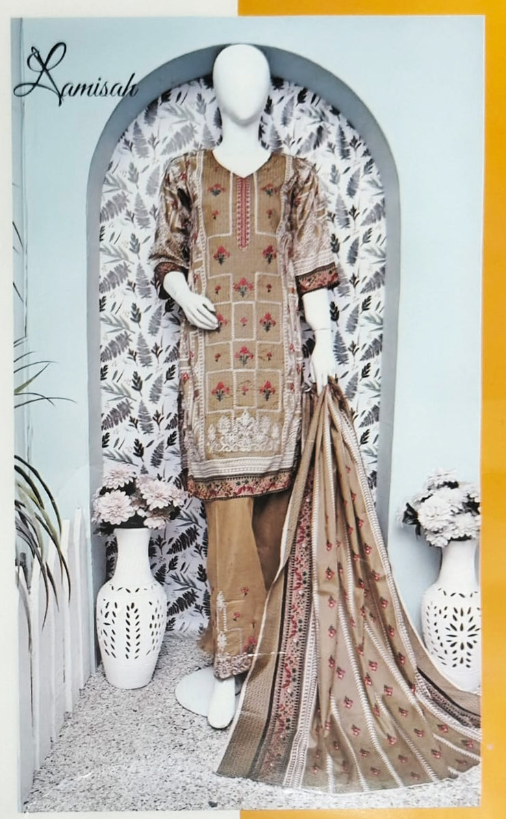 Camel Beige Exquisite Embroidered - 3PC Lawn Unstitched Suit