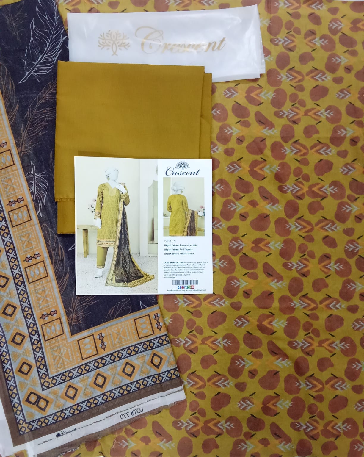 Mustard Yellow with Ochre and Brown accents  – 3 Piece Unstitched Lawn Suit
