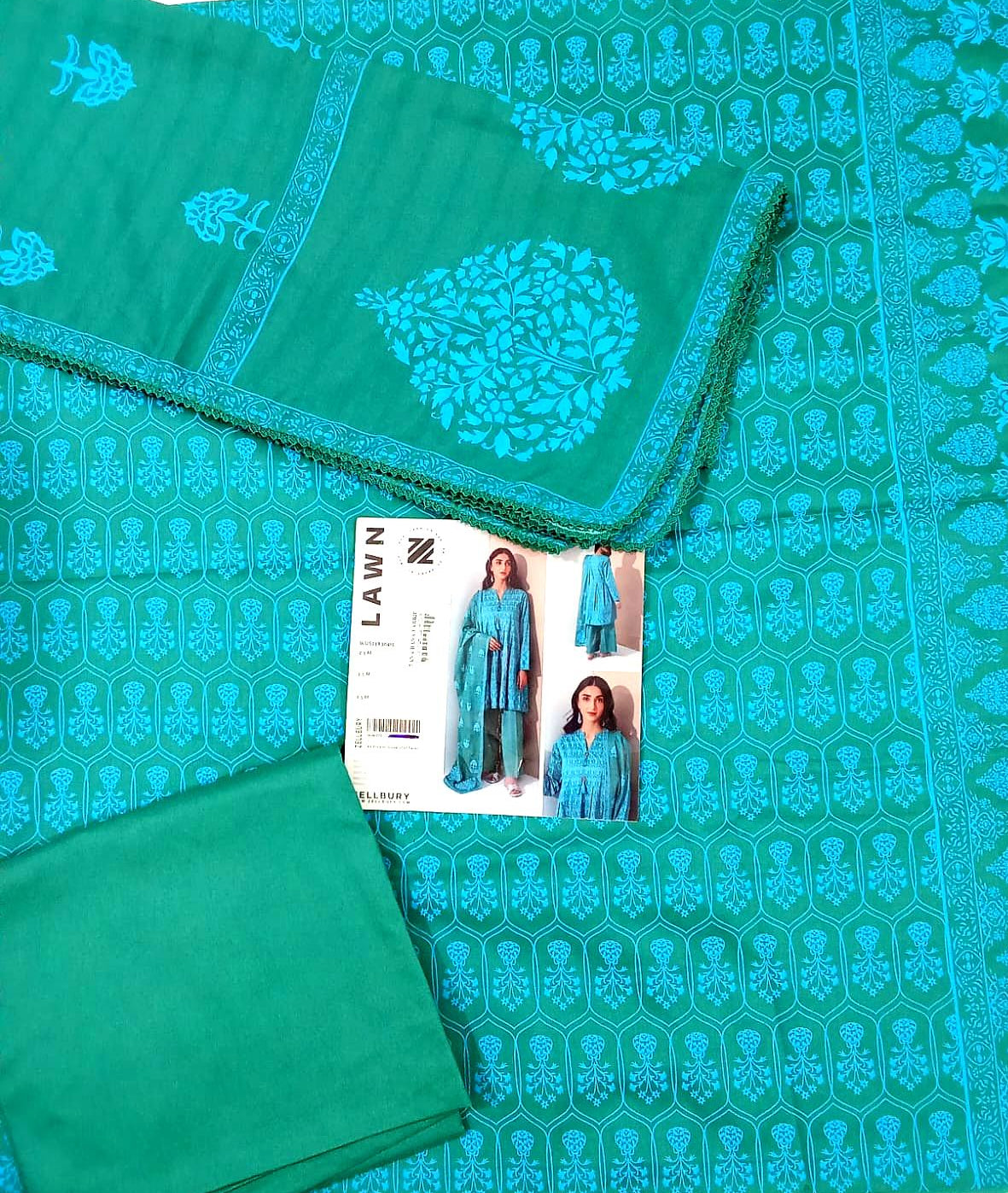 Zellburry | Teal Green with Turquoise Blue Print - 3PC Lawn Unstitched Suit