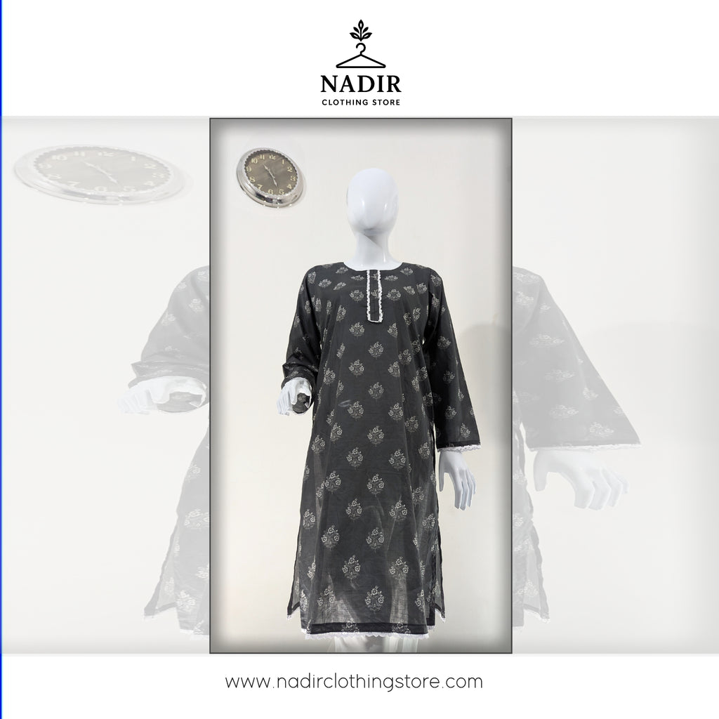 Black Minimalist White Print Design Kurti - Ready to wear